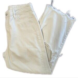 Bohme High Waisted Wide Leg Distressed Cream Khaki Jeans, 28